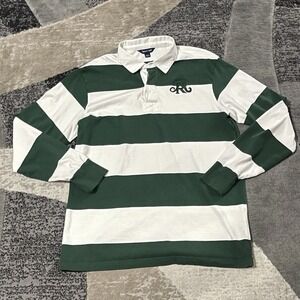 Sport Tek Rugby Shirt Men Large Green Striped‎ Cotton Embroidered Preppy Polo